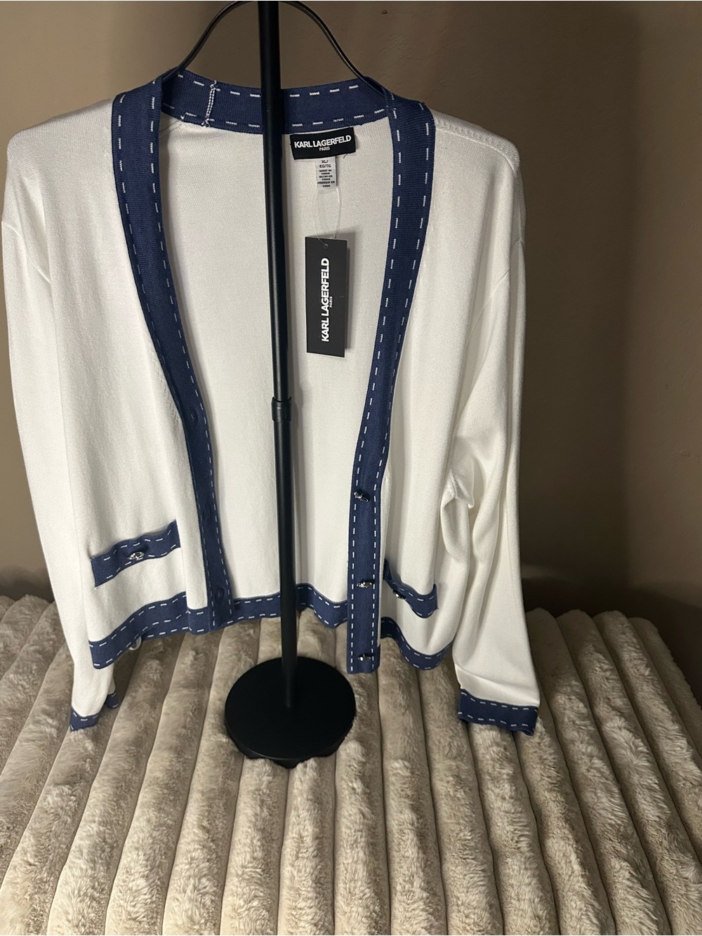 Karl Lagerfeld White Cardigan with Blue Trim - Picture 3 of 8